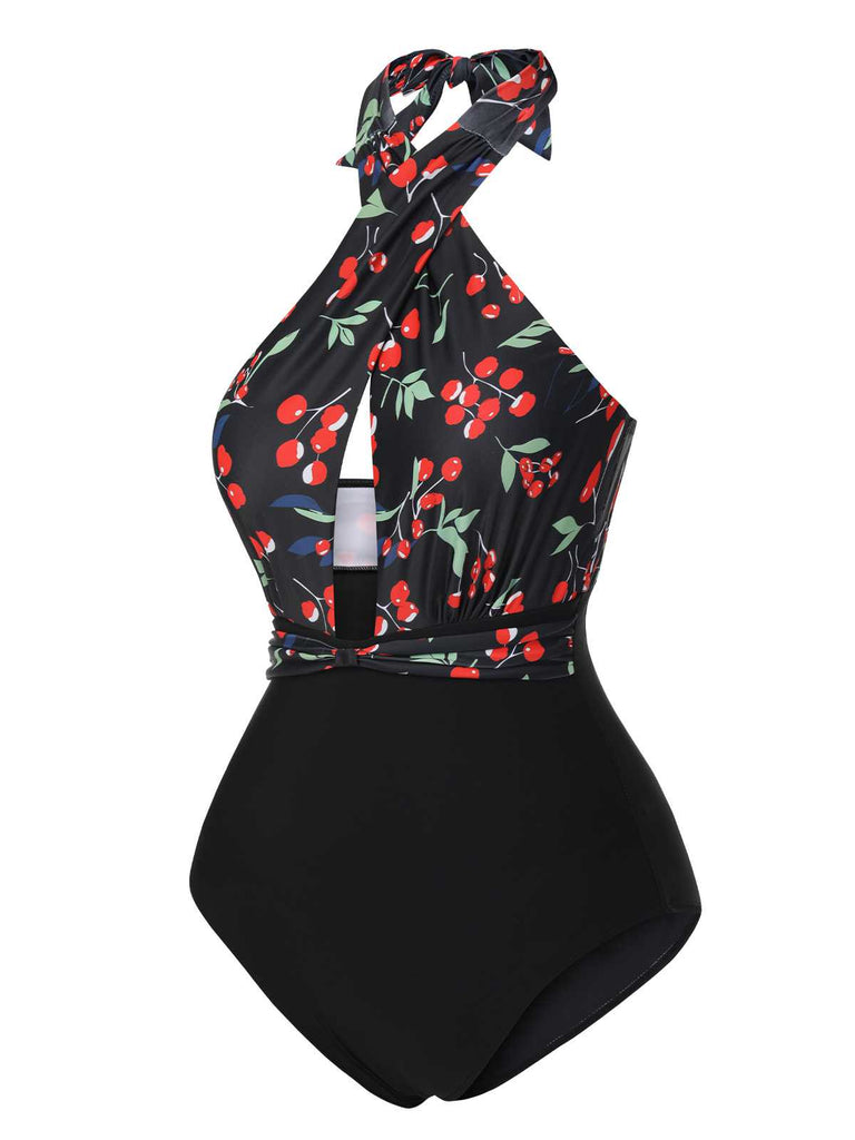 This Black 1950s Cross Halter Cherry Swimsuit carries 1950s vacation dreams in every stitch