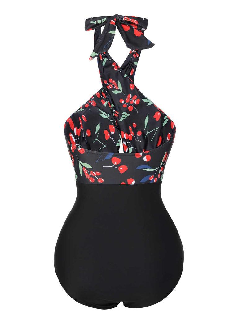 Black 1950s Cross Halter Cherry Swimsuit — because 1950s glamour never goes out of style