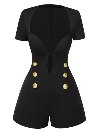 She finds her 1950s story in this Black 1950s Cut-Out Buttoned Solid Romper