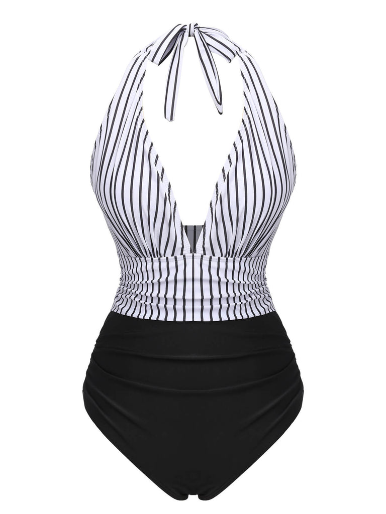 Black 1950s Deep V-Neck Stripe Swimsuit, vintage swimsuit, pin-up swimwear - perfect for women who love vintage and retro fashion