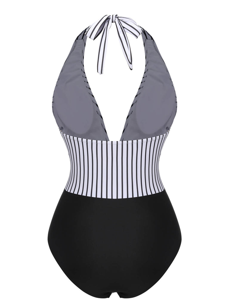 Black 1950s Deep V-Neck Stripe Swimsuit, vintage swimsuit, pin-up swimwear - perfect for women who love vintage and retro fashion