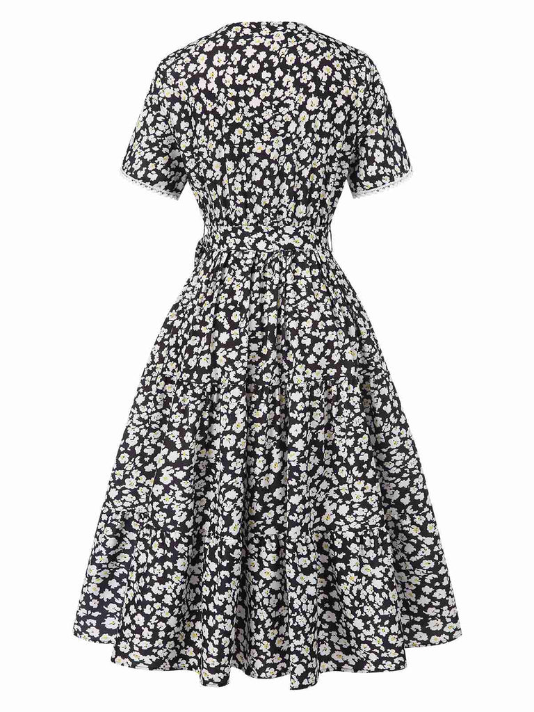 Black 1950s Ditsy Floral V-Neck Lace-Up Dress, vintage dress, retro fashion, rockabilly, pin-up fashion - perfect for women who love vintage and retro fashion