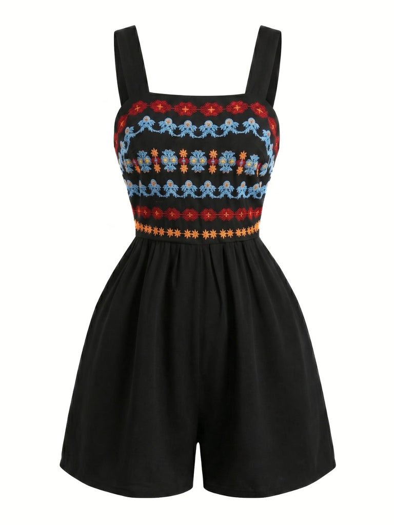 Black 1950s Embroidered Square Neck Romper, vintage romper, retro jumpsuit - perfect for women who love vintage and retro fashion