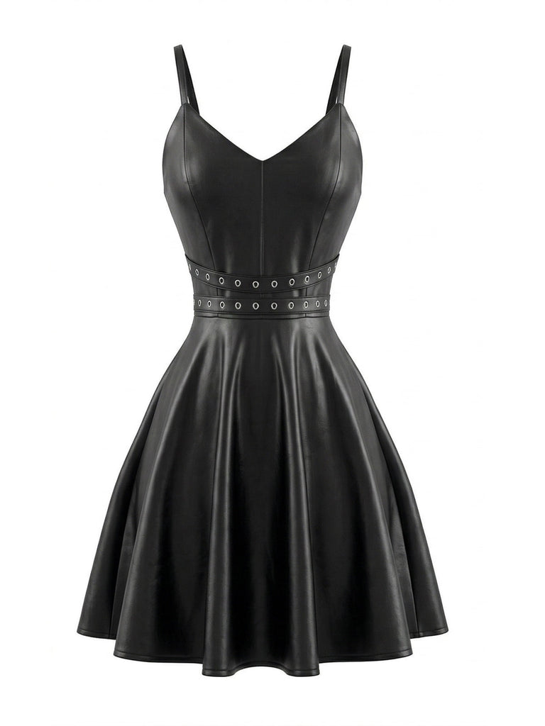 Black 1950s Faux Leather Waist Sleeveless Dress, vintage dress, retro fashion, rockabilly, pin-up fashion - perfect for women who love vintage and retro fashion