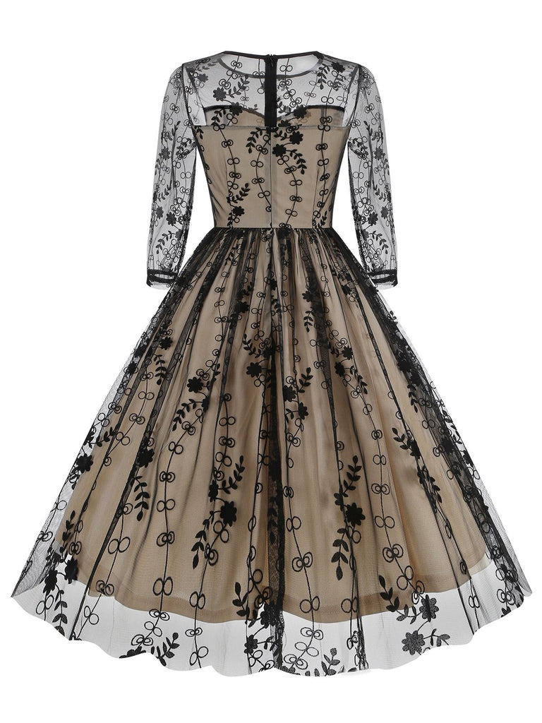 Black 1950s Floral Mesh Patchwork Dress: where 1950s romance meets her modern spirit