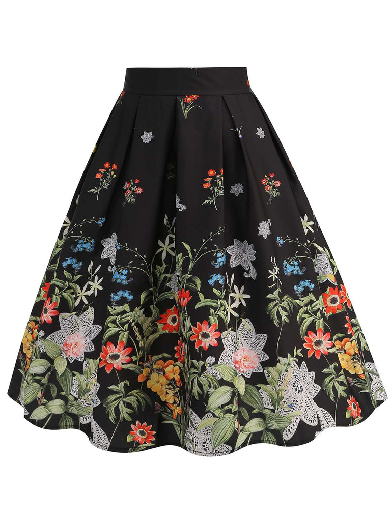 Black 1950s Floral Pleated Swing Skirt, vintage skirt, retro style - perfect for women who love vintage and retro fashion