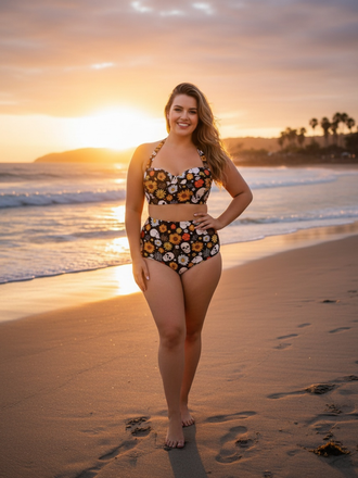 [Plus Size] Black 1950s Floral Print Lace-Up Halter Swimsuit, vintage swimsuit, pin-up swimwear - perfect for women who love vintage and retro fashion