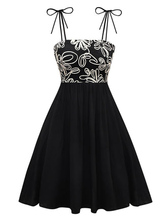 Black 1950s Floral Textured Spaghetti Straps Dress - vintage dress, retro fashion, rockabilly