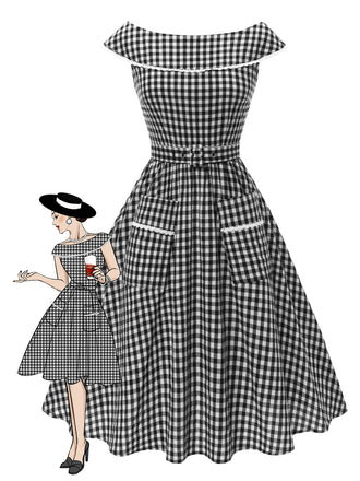 She slips into this Black 1950s Gingham Plaid Lace Trim Belted Dress and suddenly it's a 1950s daydream