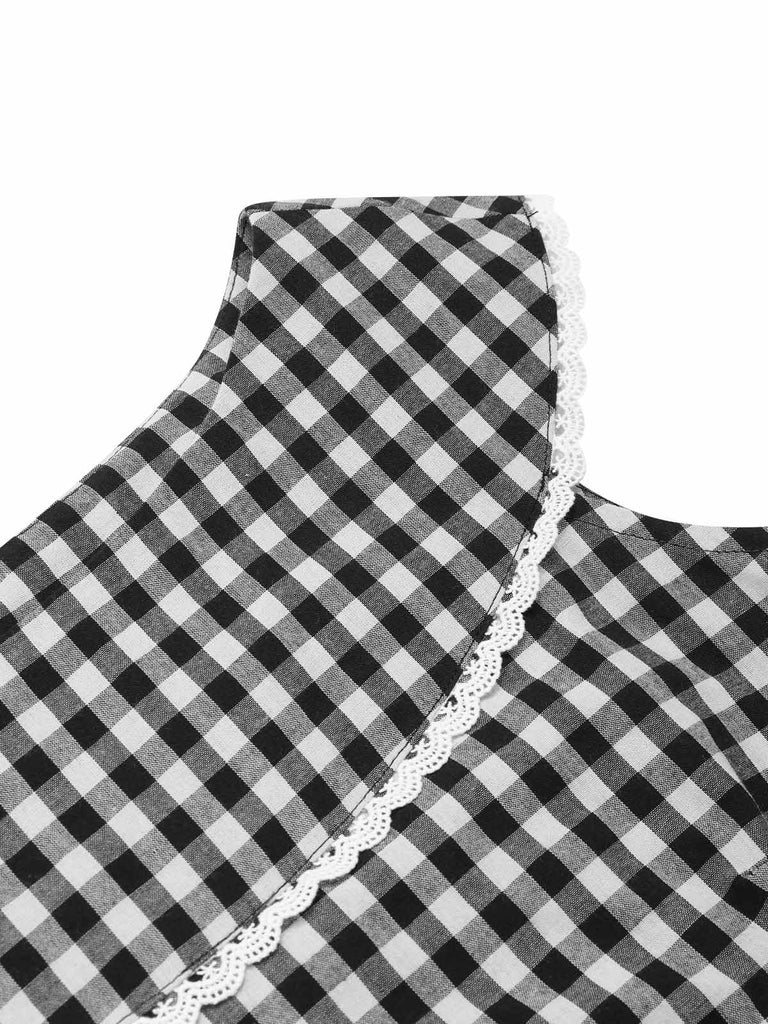 Black 1950s Gingham Plaid Lace Trim Belted Dress: where 1950s romance meets her modern spirit