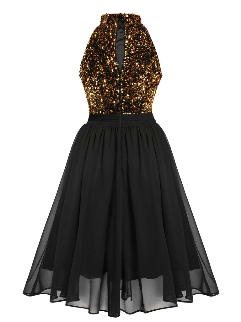 Black 1950s Gold Glitter Patchwork Dress — vintage elegance for the modern woman