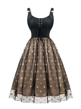 Black 1950s Gold Star Sequined Mesh Ruched Dress - vintage dress, retro fashion, rockabilly