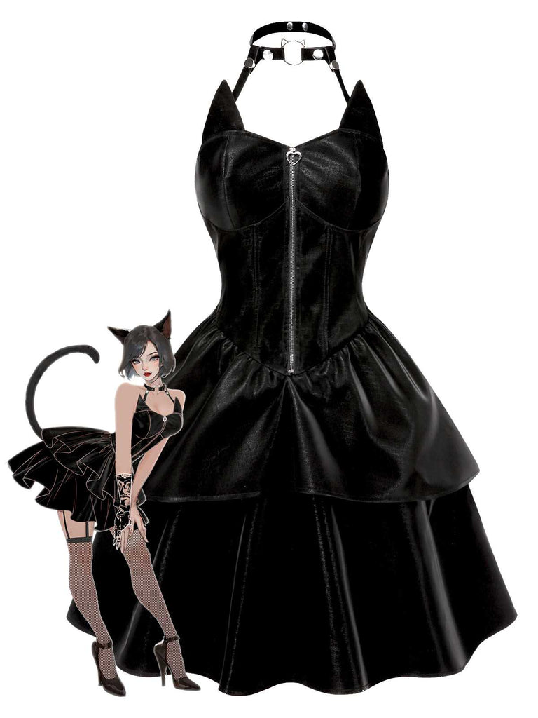 Black 1950s Halloween Catwoman Leather Dress - vintage dress, retro fashion, rockabilly