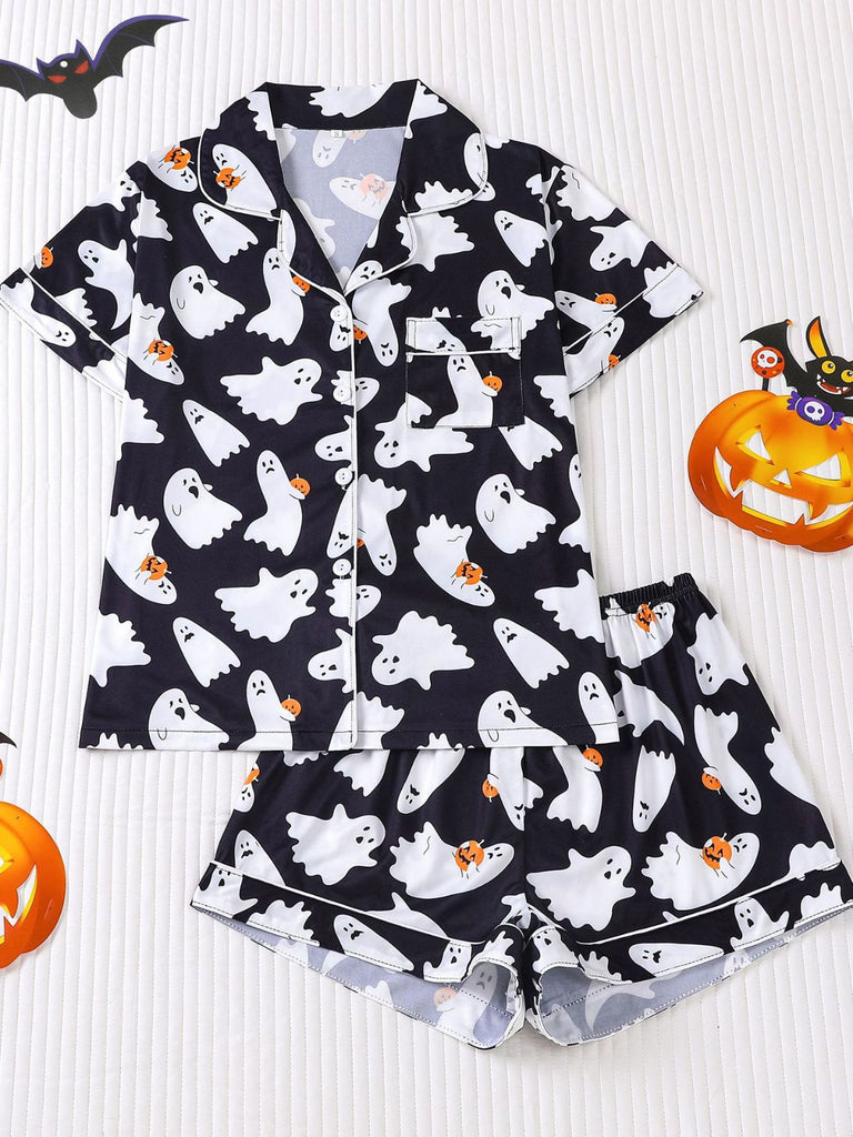 Black 1950s Halloween Ghost Print Shirt Shorts Pajamas, vintage fashion, retro style, rockabilly, pin-up fashion - vintage inspired fashion