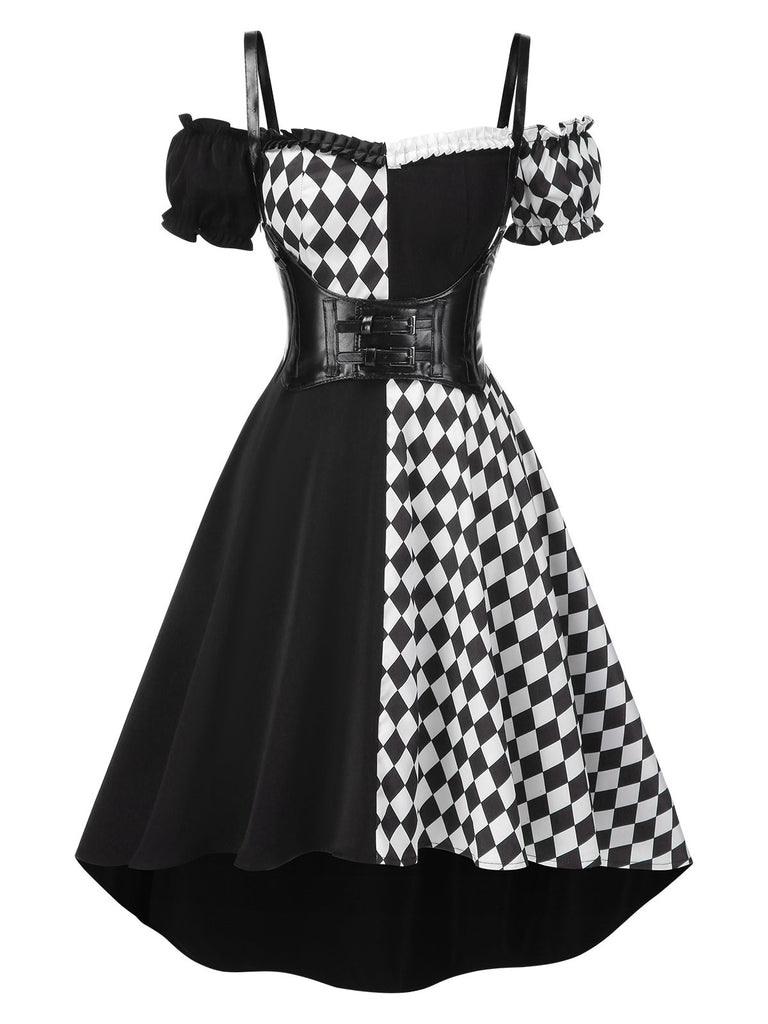 Black 1950s Halloween Harlequin Pattern Dress & Leather Corset, vintage dress, retro fashion, rockabilly, pin-up fashion - perfect for women who love vintage and retro fashion
