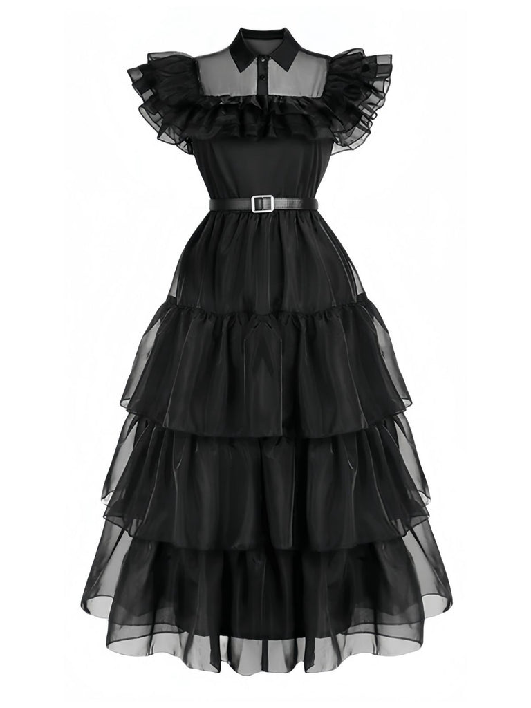 Black 1950s Halloween Organza Ruffled Lapel Dress - vintage dress, retro fashion, rockabilly