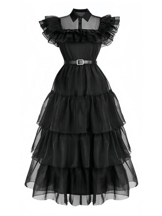 Black 1950s Halloween Organza Ruffled Lapel Dress - vintage dress, retro fashion, rockabilly