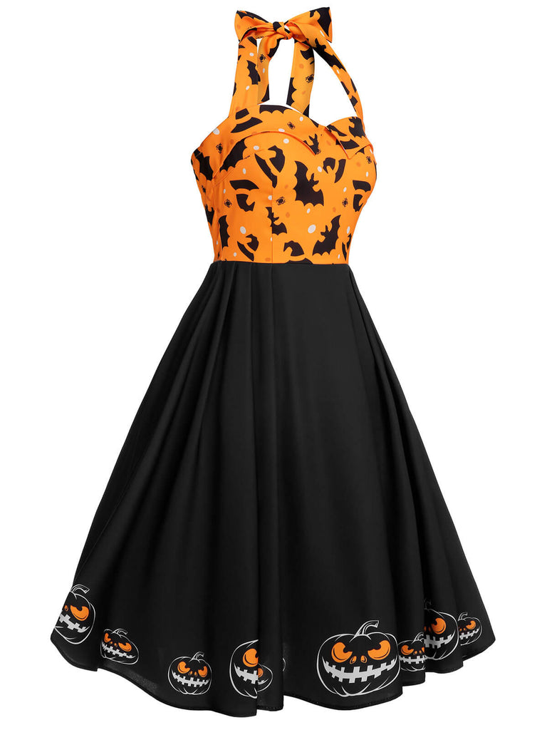 Black 1950s Halloween Pumpkin Bat Halter Dress, vintage dress, retro fashion, rockabilly, pin-up fashion - perfect for women who love vintage and retro fashion