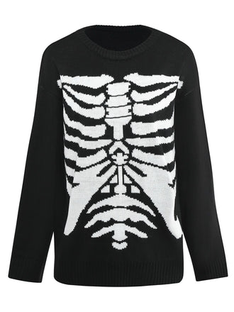 Black 1950s Halloween Skeleton Print Knit Sweater - vintage fashion, retro style, classic black