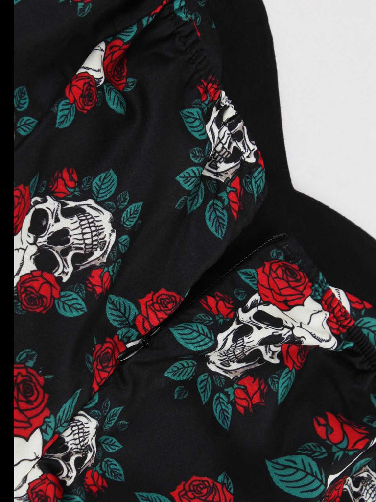 Black 1950s Halloween Skull Roses Halter Dress - vintage dress, retro fashion, rockabilly