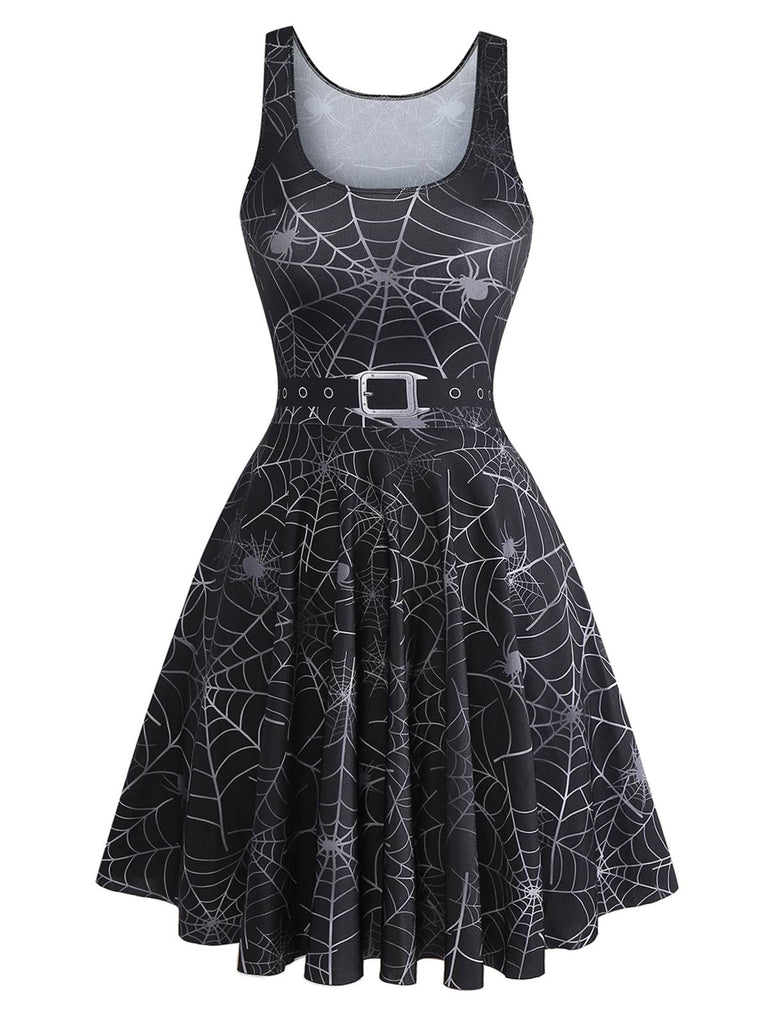 Black 1950s Halloween Spider Web Sleeveless Dress - vintage dress, retro fashion, rockabilly