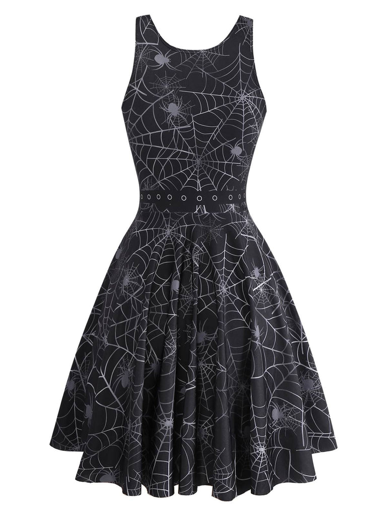 Black 1950s Halloween Spider Web Sleeveless Dress - vintage dress, retro fashion, rockabilly