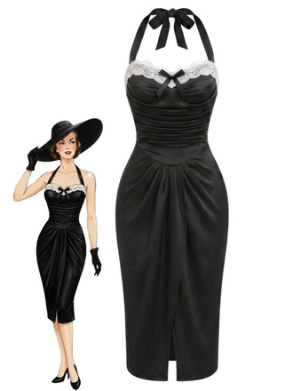 [Pre-Sale] Black 1950s Halter Lace Ruched Bodycon Dress