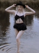 Black 1950s Halter Lace Up Bikini Set & Tiered Cover Up, vintage swimsuit, pin-up swimwear, rockabilly, pin-up fashion - vintage inspired fashion