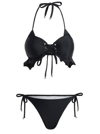 Black 1950s Halter Lace Up Ruffle Hem Bikini Set - vintage fashion, retro style, classic black