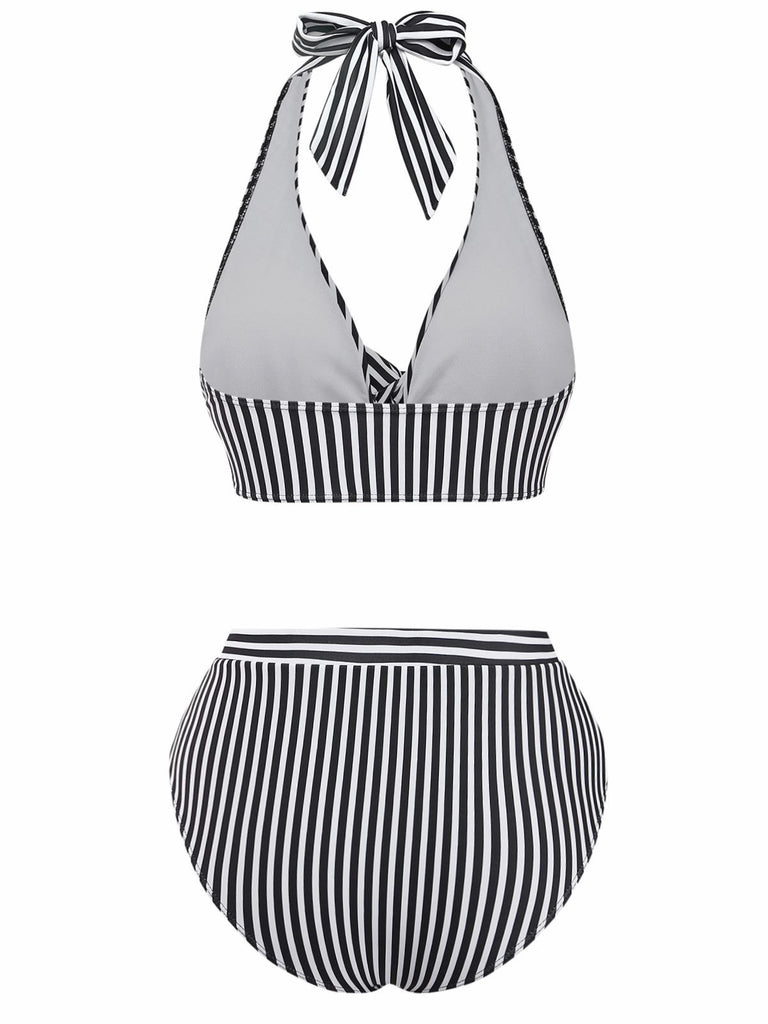 Black 1950s Halter Stripe Knotted Tankini Set - vintage fashion, retro style, classic black