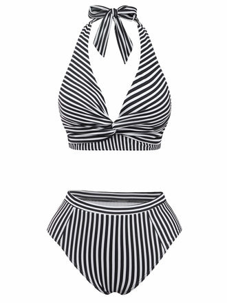 Black and white striped bikini set on a white background