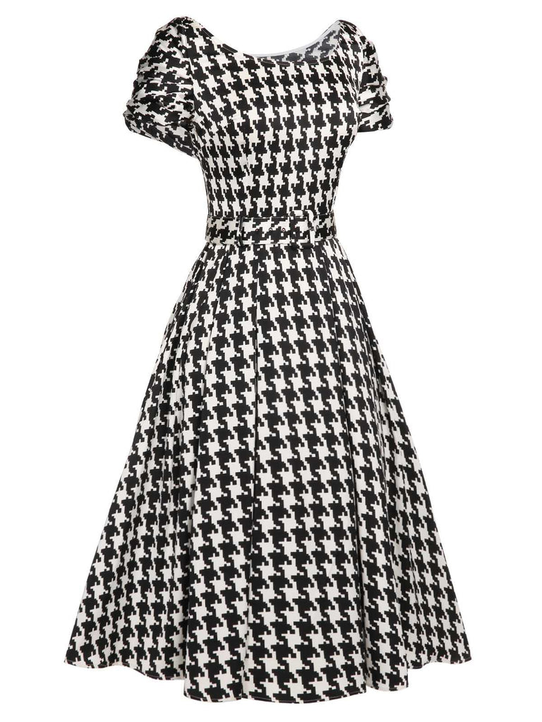 Black 1950s Houndstooth Short Sleeve Belted Dress: timeless style reimagined