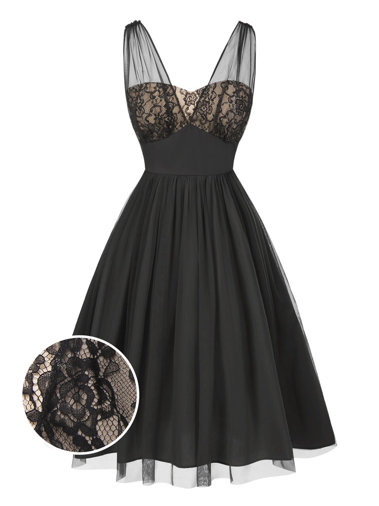 Black 1950s Lace Floral Mesh Swing Dress - vintage dress, retro fashion, rockabilly