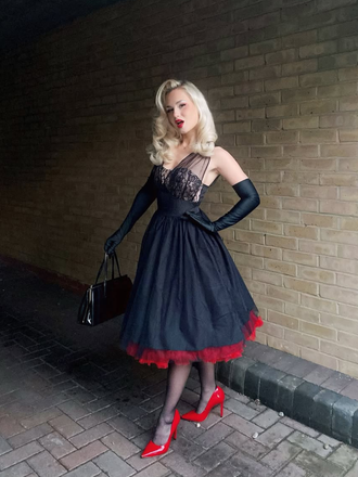 Black 1950s Lace Floral Mesh Swing Dress - vintage dress, retro fashion, rockabilly