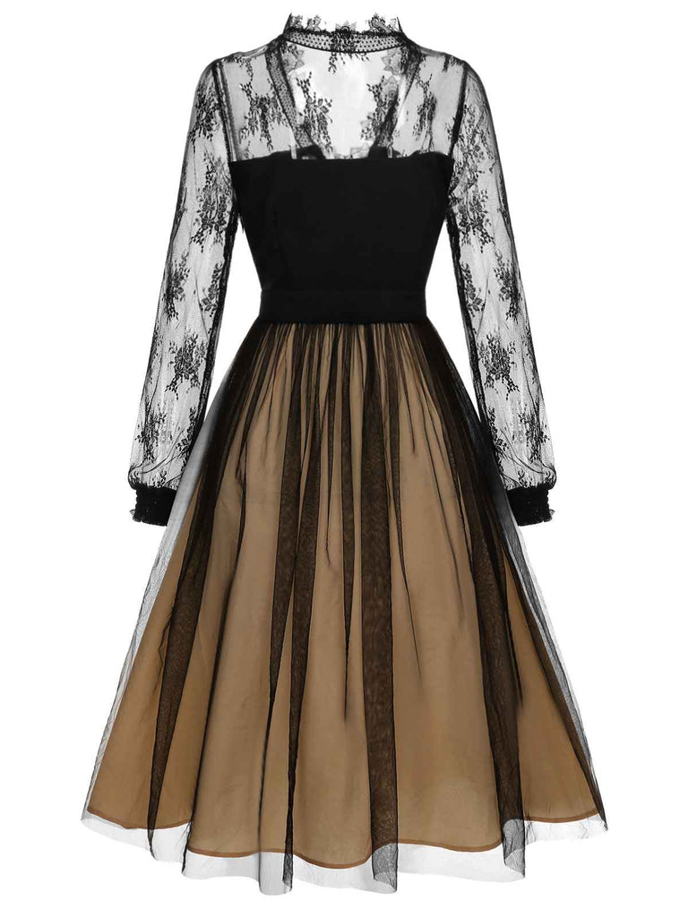 [US Warehouse] Black 1950s Lace Patchwork Mesh Dress, vintage dress, retro fashion, rockabilly, pin-up fashion - perfect for women who love vintage and retro fashion