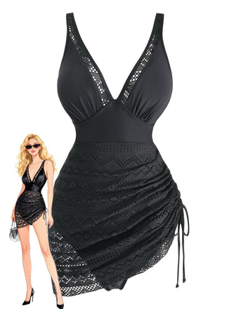 Black 1950s Lace V-Neck Ruched One-Piece Swimsuit - vintage swimwear, retro swimsuit, pin-up style for vintage lovers