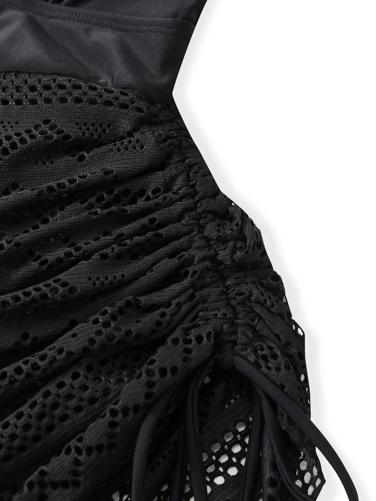 Black 1950s Lace V-Neck Ruched One-Piece Swimsuit | vintage swimwear, retro swimsuit, pin-up style - perfect for retro fashion enthusiasts