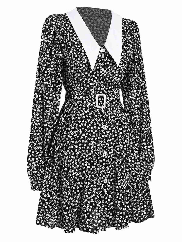 Black 1950s Lapel Lantern Sleeves Ditsy Floral Dress, vintage dress, retro fashion, rockabilly, pin-up fashion - perfect for women who love vintage and retro fashion