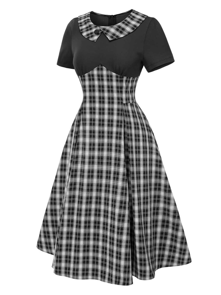Black 1950s Lapel Pleated Plaid Patchwork Dress, vintage dress, retro fashion, rockabilly, pin-up fashion - perfect for women who love vintage and retro fashion