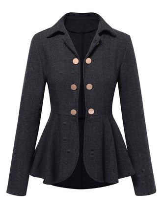 She throws on this Black 1950s Lapel Ruffles Double Breasted Jacket and the city feels like 1950s Paris