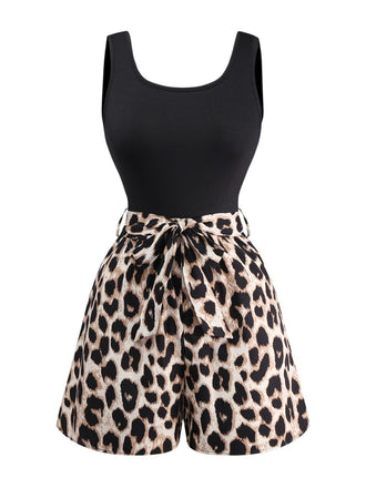 Black 1950s Leopard Square Neck Romper - vintage romper, retro jumpsuit, playful style for vintage lovers