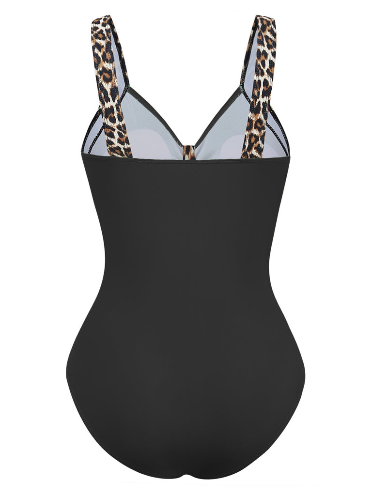 Black 1950s vintage leopard print swimsuit back view showcasing retro silhouette and classic animal pattern perfect for vintage-themed pool parties and rockabilly beach style