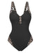 Black 1950s vintage leopard print swimsuit front view featuring retro styling and classic animal pattern ideal for pinup-inspired beach looks