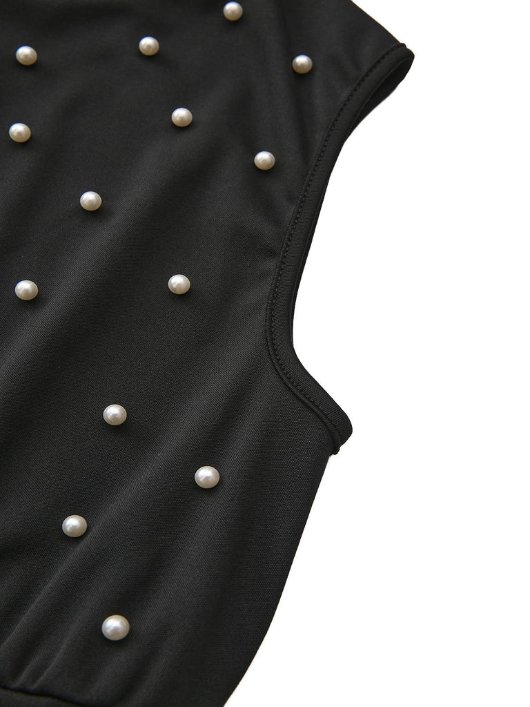 Black 1950s Pearl Beading Bow Belt Jumpsuit - vintage jumpsuit, retro fashion, classic black