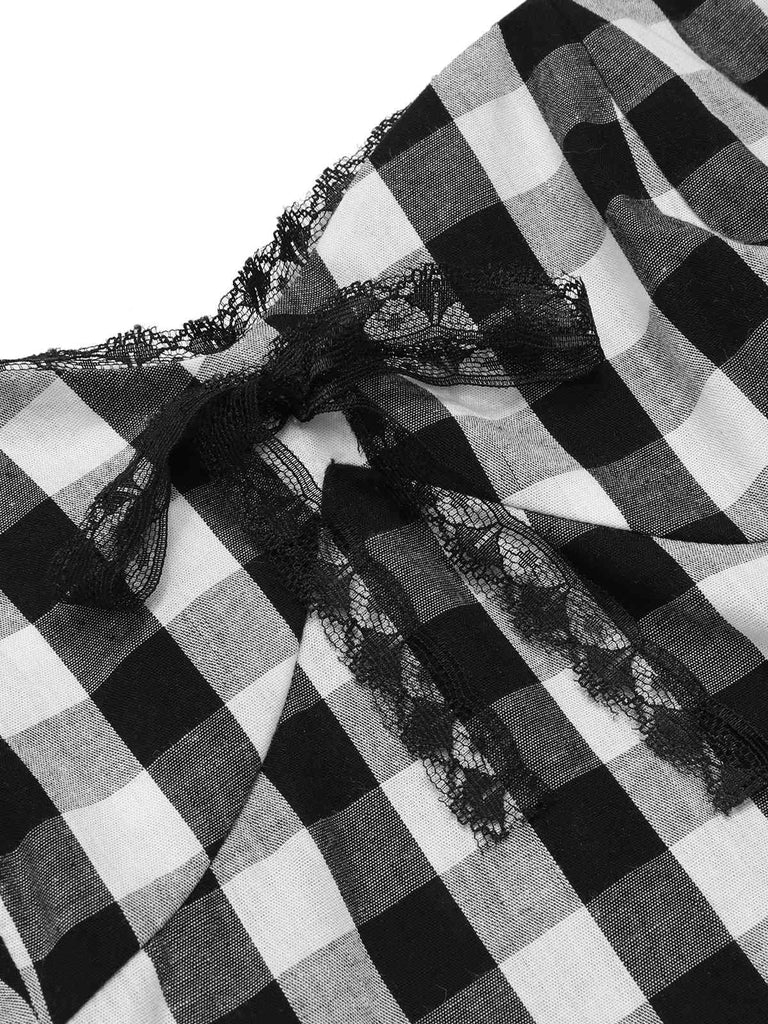 Black 1950s Plaid Halter Lace Bow Top, vintage top, retro blouse - perfect for women who love vintage and retro fashion