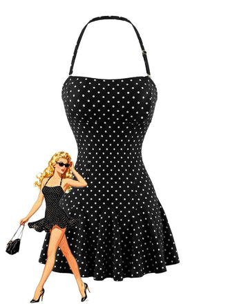 Black 1950s Polka Dot Halter Backless Swim Dress - vintage dress, retro fashion, elegant style for vintage lovers