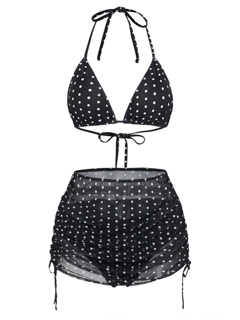 Black 1950s Polka Dot Halter Bikini Set & Cover-Up - vintage swimsuit, pin-up swimwear for vintage lovers