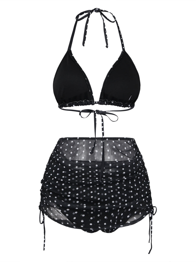Black 1950s Polka Dot Halter Bikini Set & Cover-Up - vintage swimsuit, pin-up swimwear for vintage lovers
