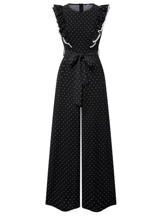Black 1950s Polka Dots Ruffle Sleeveless Jumpsuit, vintage romper, retro jumpsuit - perfect for women who love vintage and retro fashion