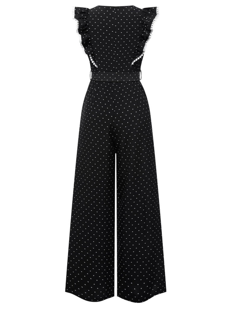 Black 1950s Polka Dots Ruffle Sleeveless Jumpsuit, vintage romper, retro jumpsuit - perfect for women who love vintage and retro fashion
